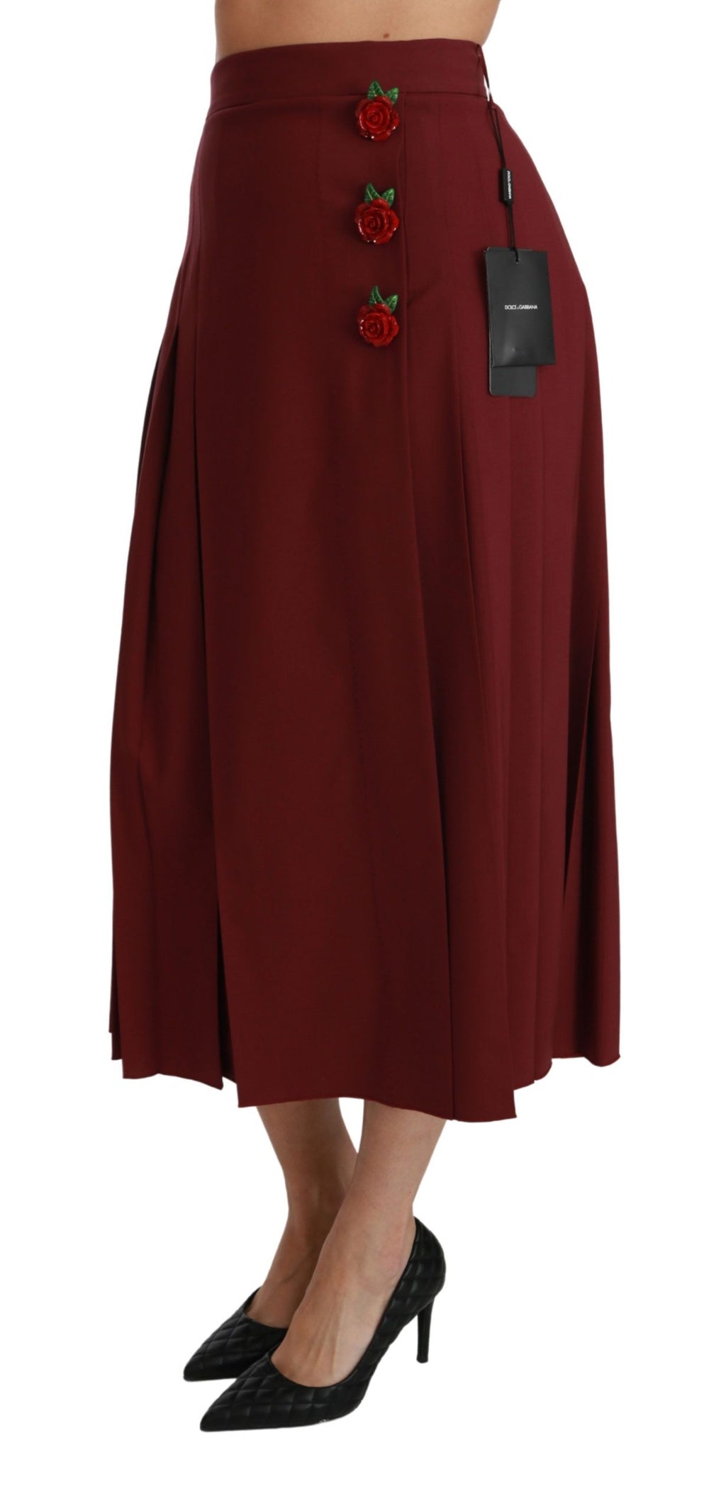 Dolce & Gabbana Red High-Waisted Pleated Wool Maxi Skirt