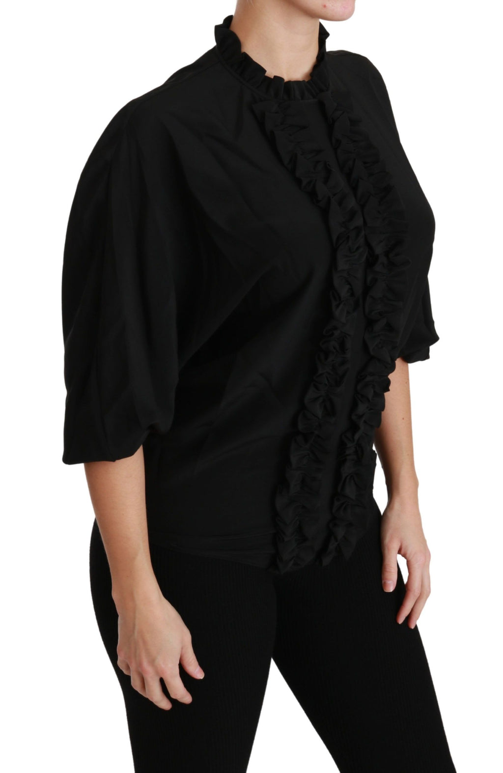 Dolce & Gabbana Black Silk Shirt Ruched Top Blouse