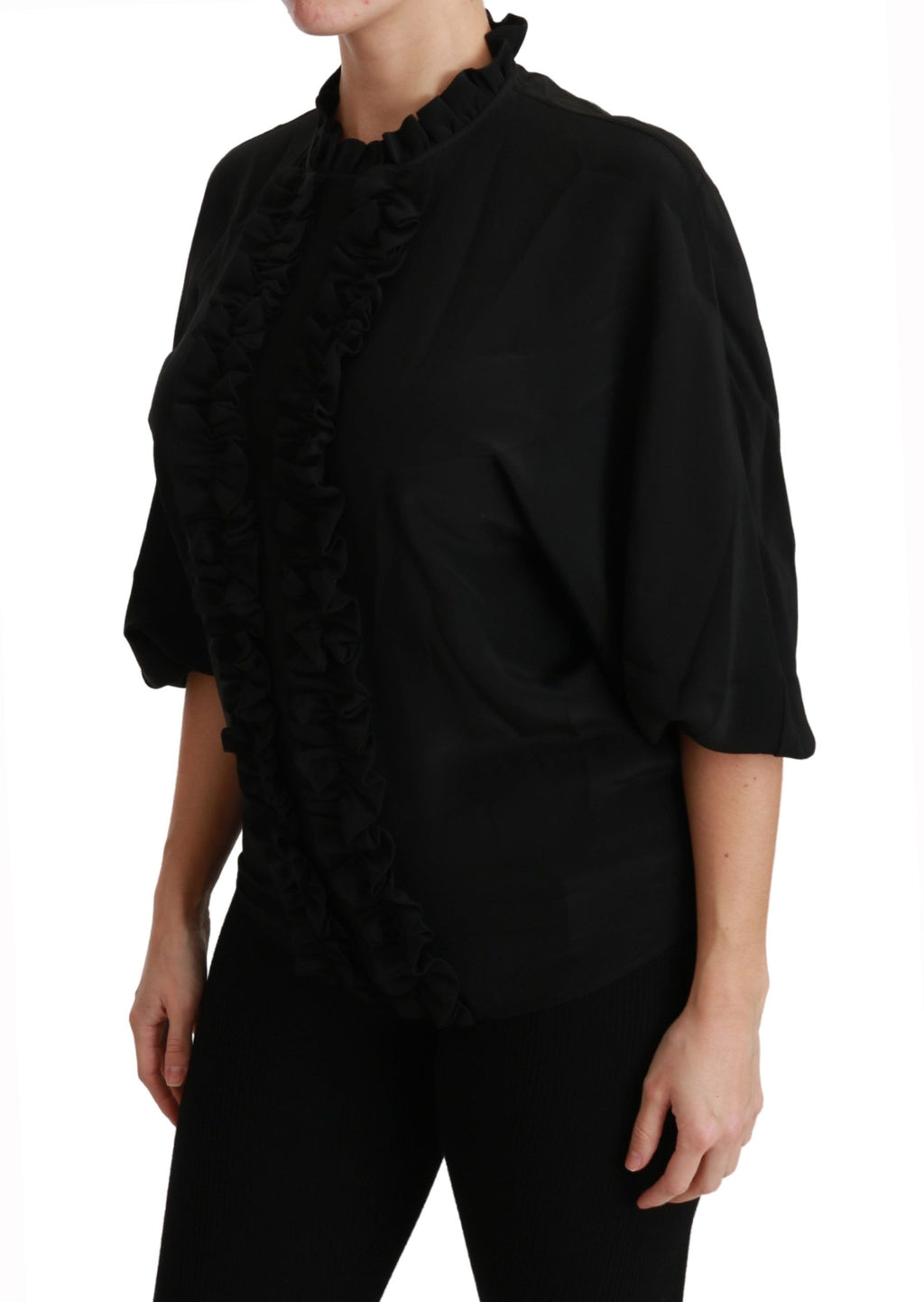 Dolce & Gabbana Black Silk Shirt Ruched Top Blouse