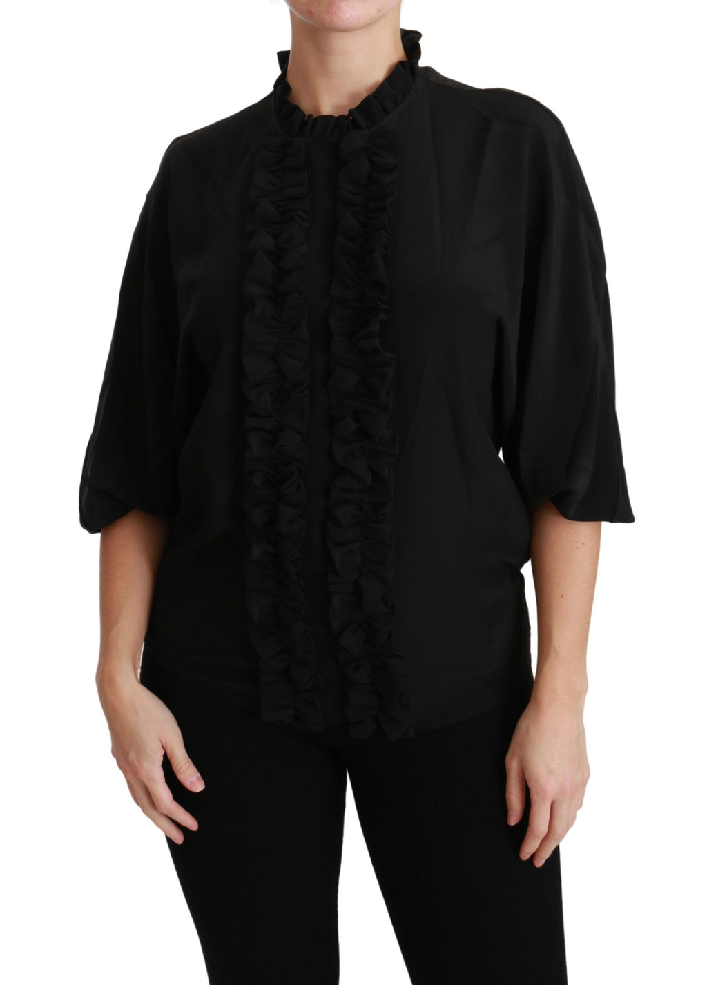 Dolce & Gabbana Black Silk Shirt Ruched Top Blouse