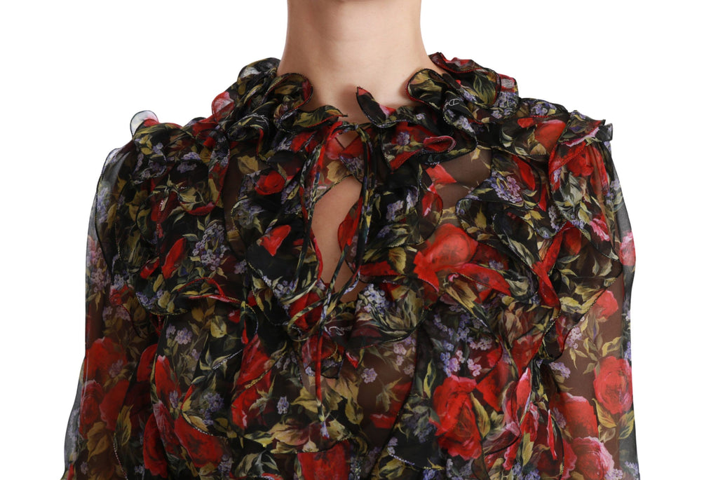 Dolce & Gabbana Schwarzes geblümtes Rosenblusentop aus Seide