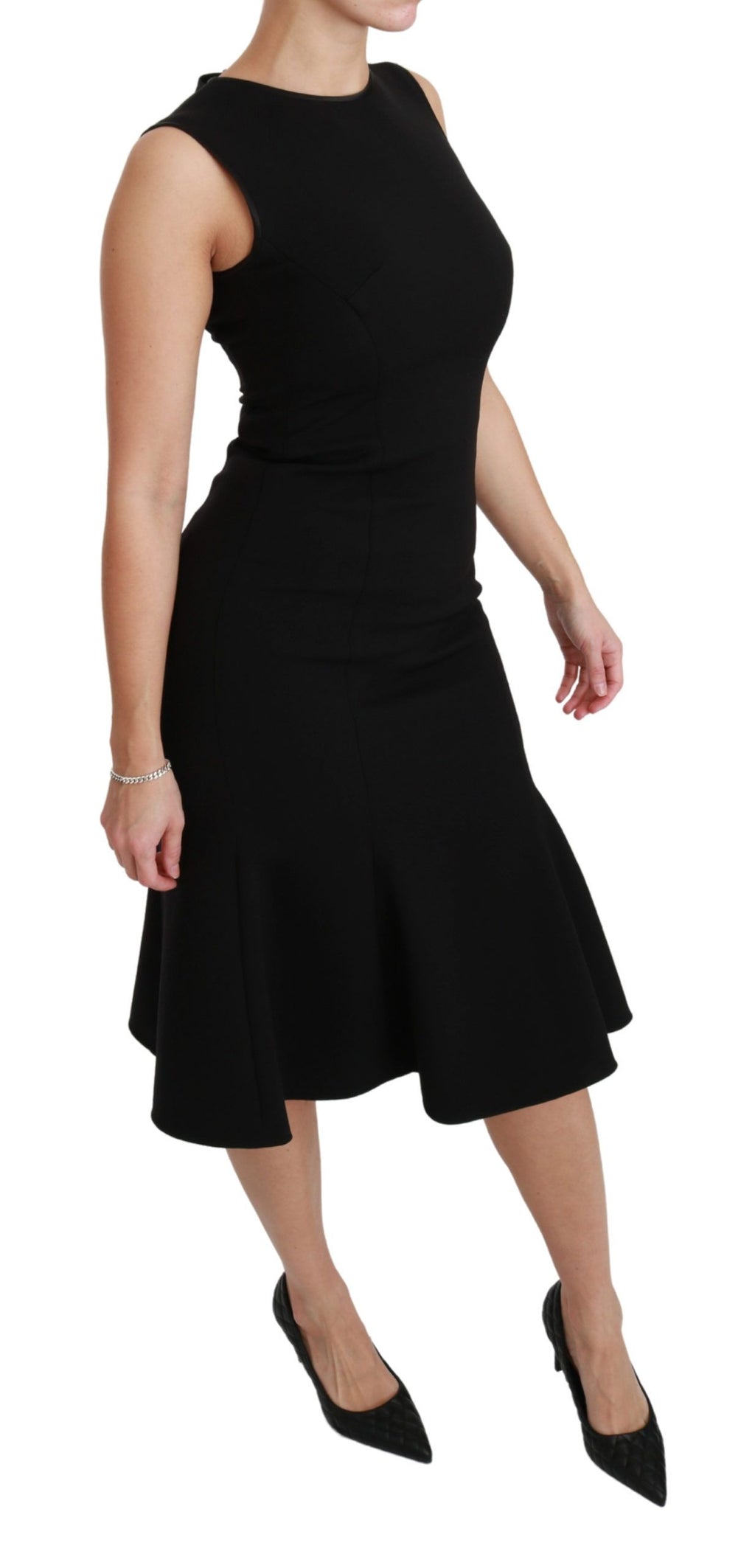 Dolce & Gabbana Black Flared Wool Stretch Sheath Dress