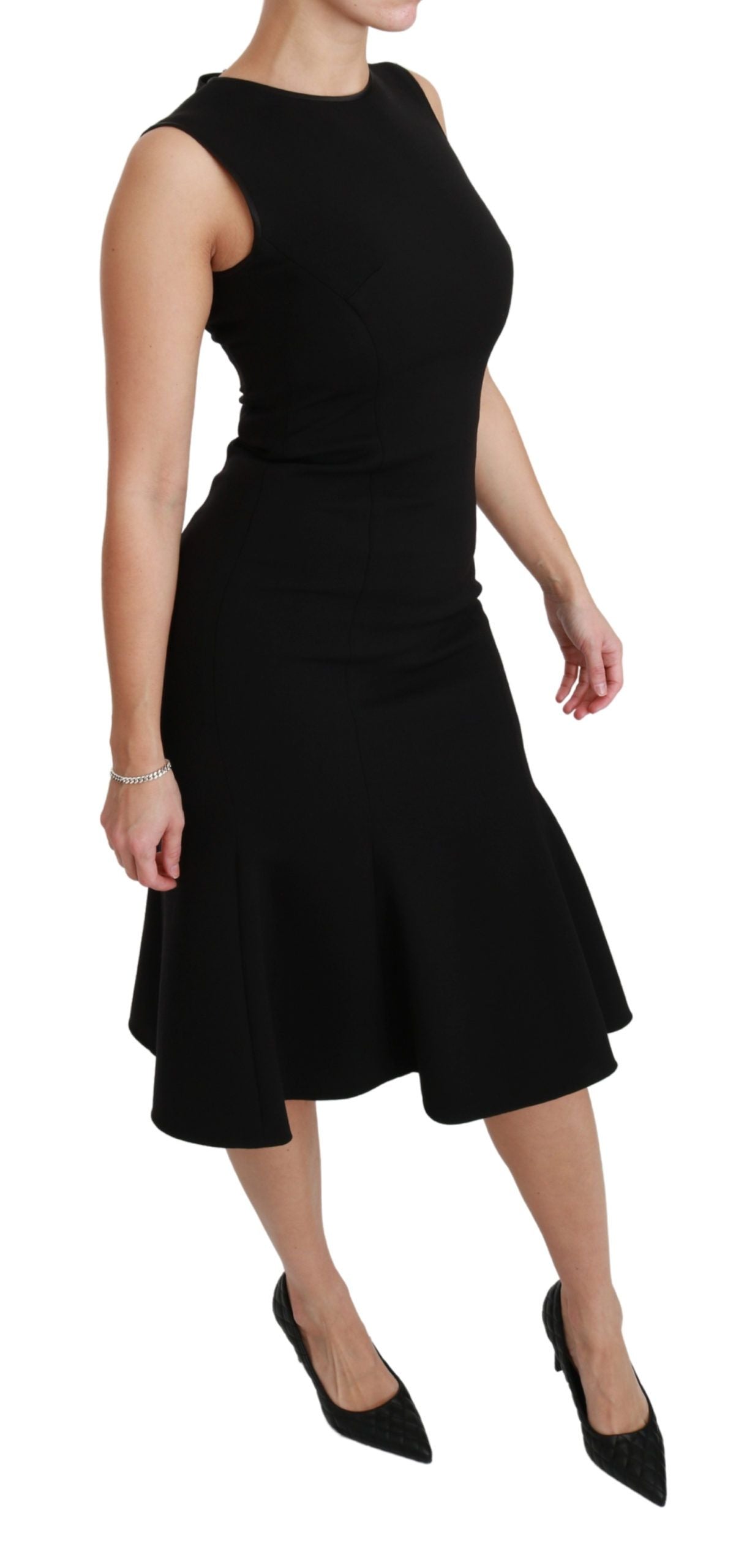 Dolce & Gabbana Black Flared Wool Stretch Sheath Dress