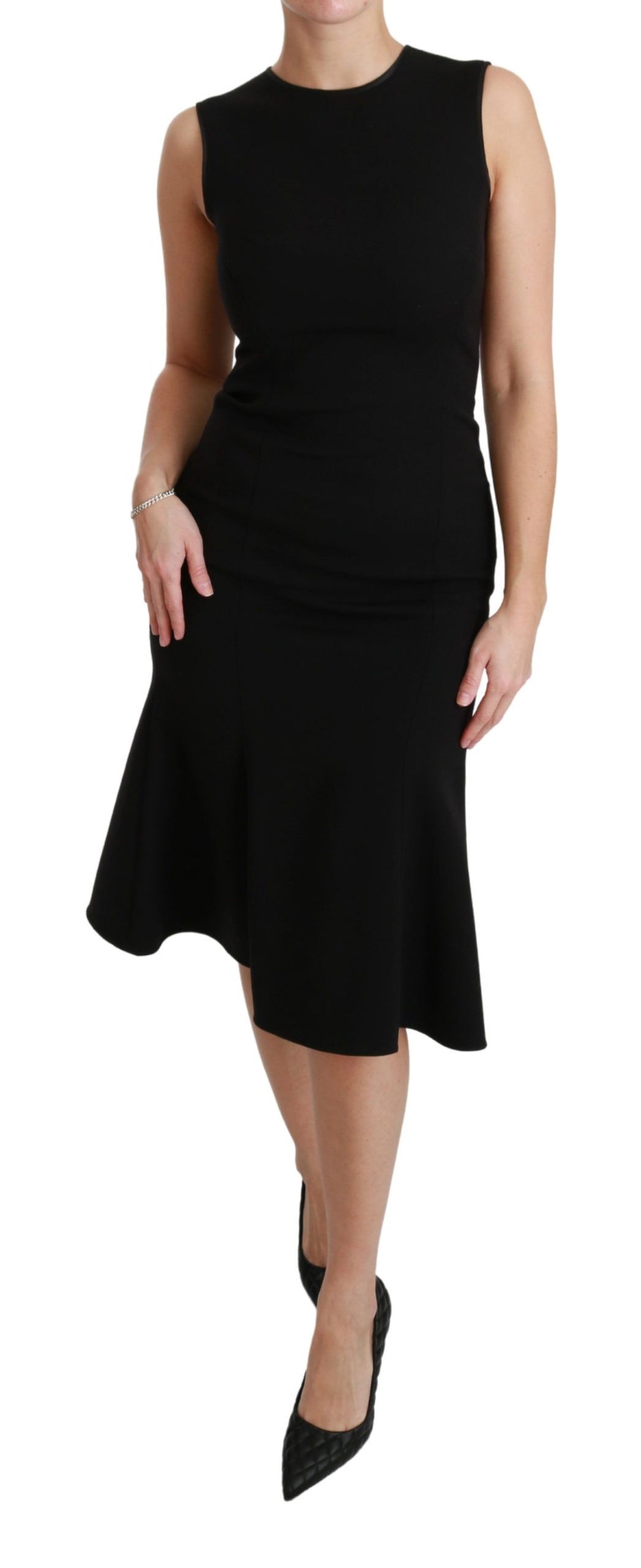 Dolce & Gabbana Black Flared Wool Stretch Sheath Dress