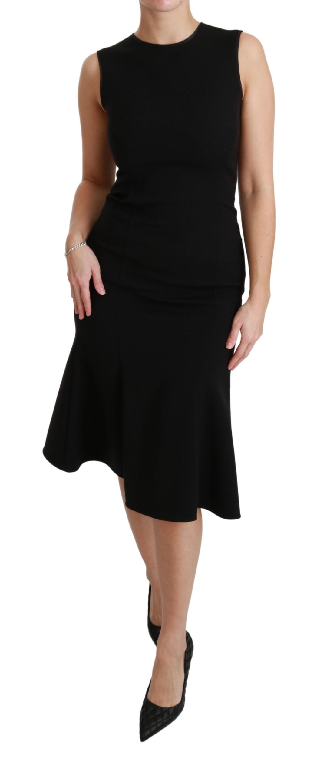 Dolce & Gabbana Black Flared Wool Stretch Sheath Dress
