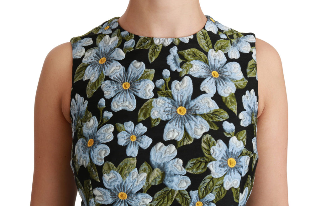 Dolce & Gabbana Blaues Brokatkleid mit Blumenmuster Shift-Kleid