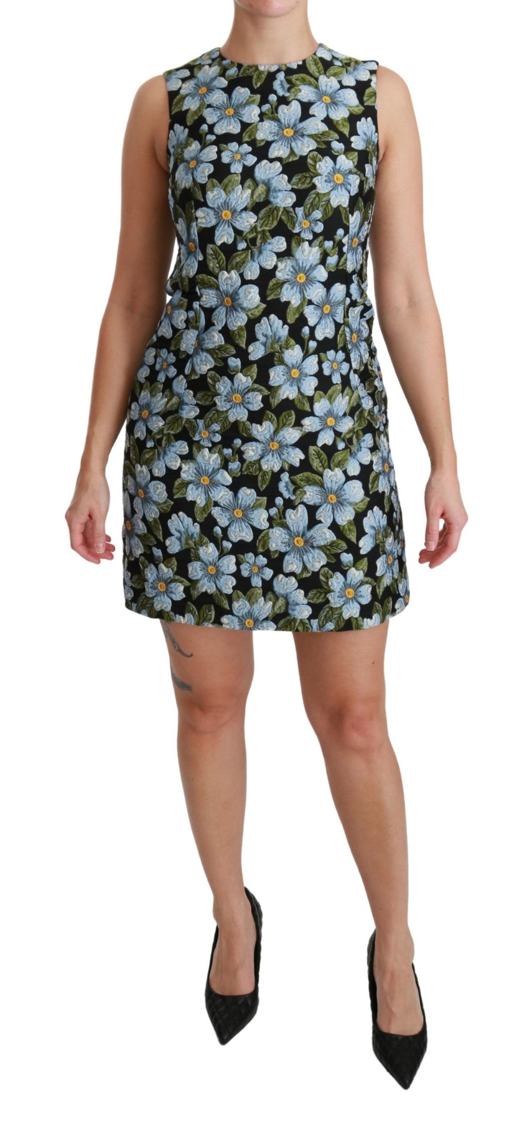 Dolce & Gabbana Blaues Brokatkleid mit Blumenmuster Shift-Kleid