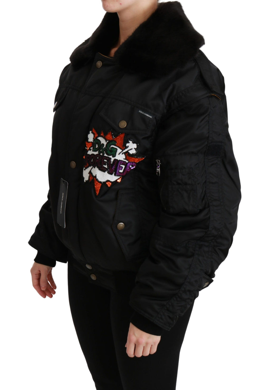 Dolce & Gabbana Black Queen Crown Sequin Bomber Jacket