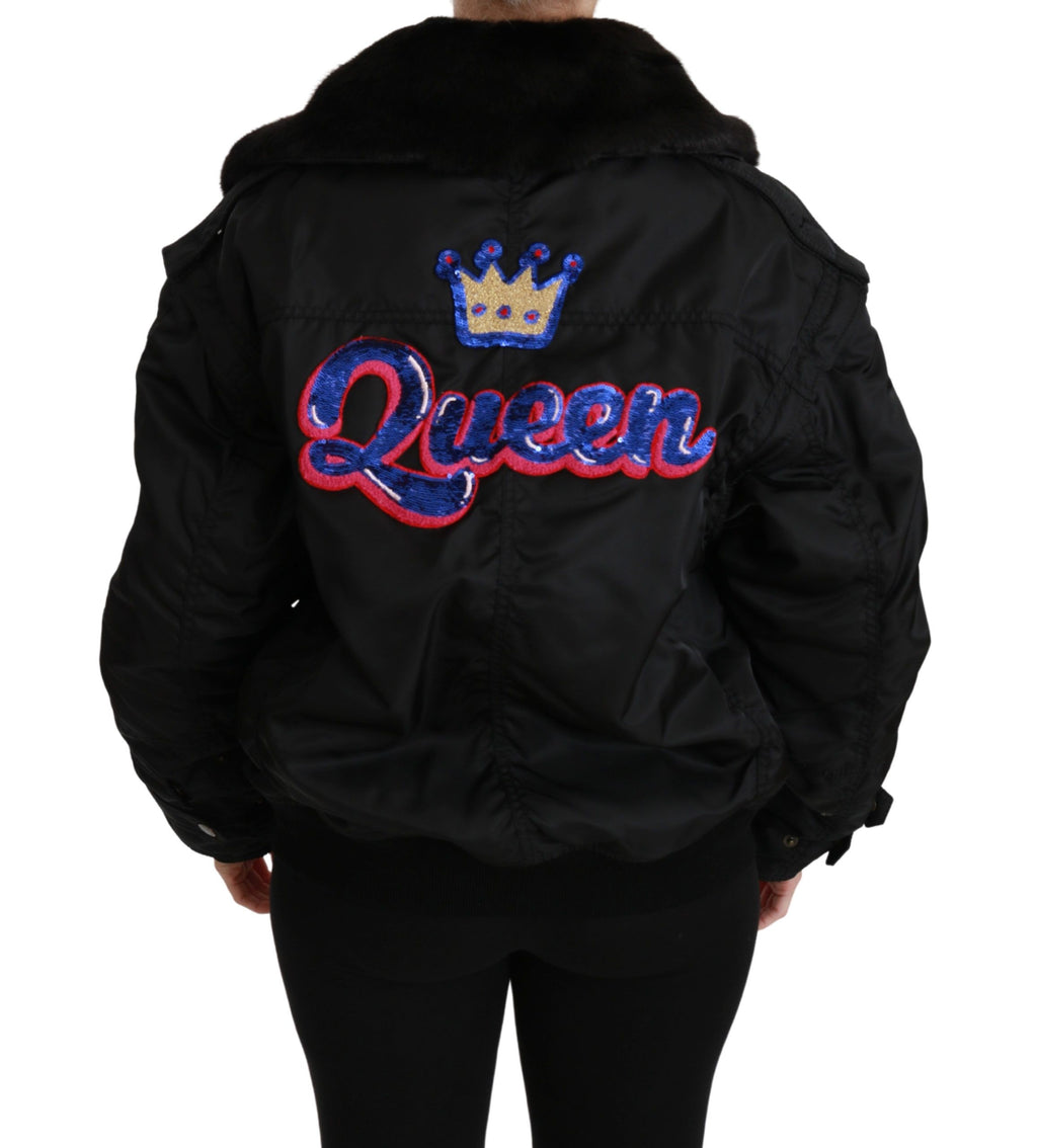 Dolce & Gabbana Black Queen Crown Sequin Bomber Jacket