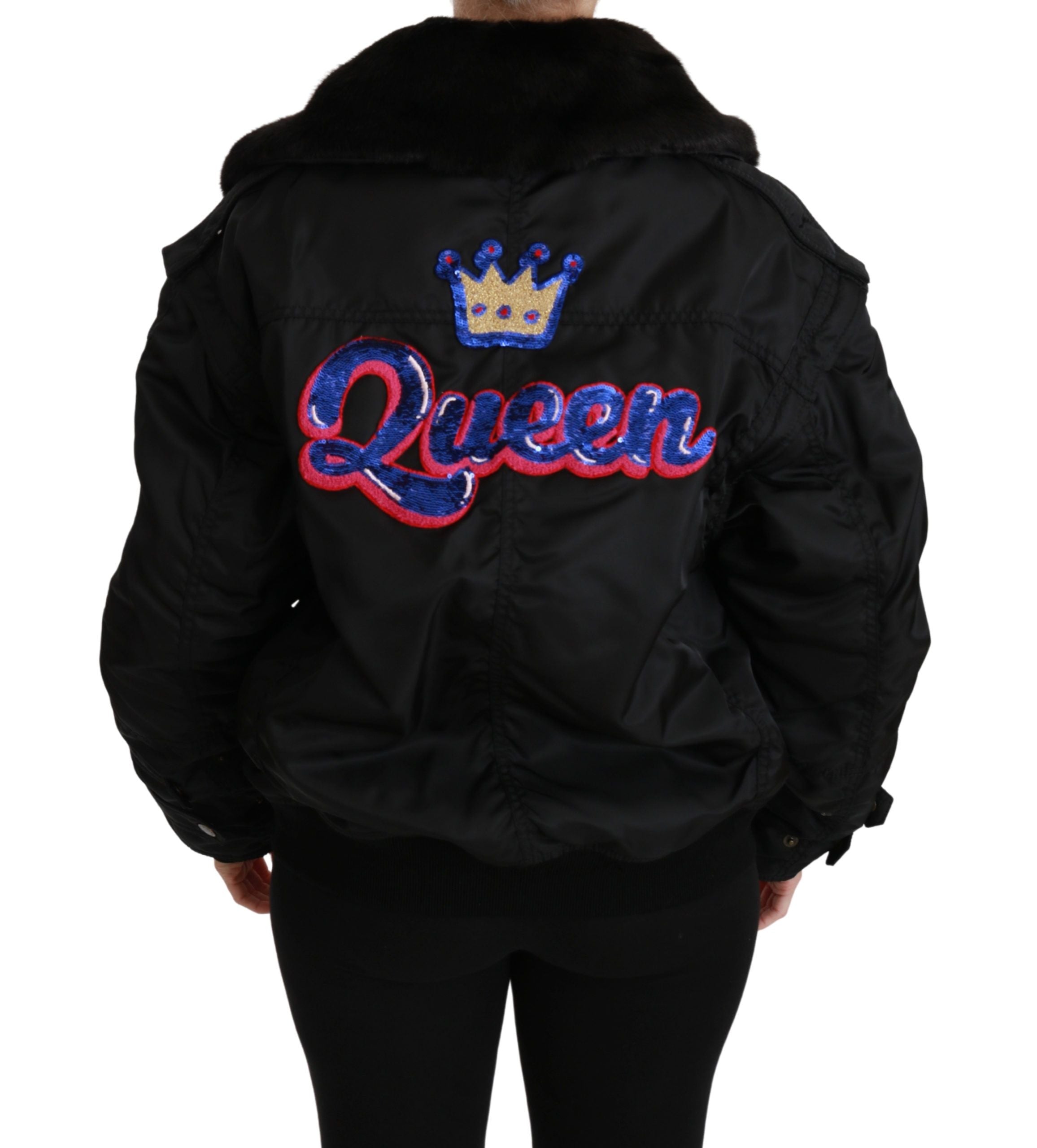 Dolce & Gabbana Black Queen Crown Sequin Bomber Jacket