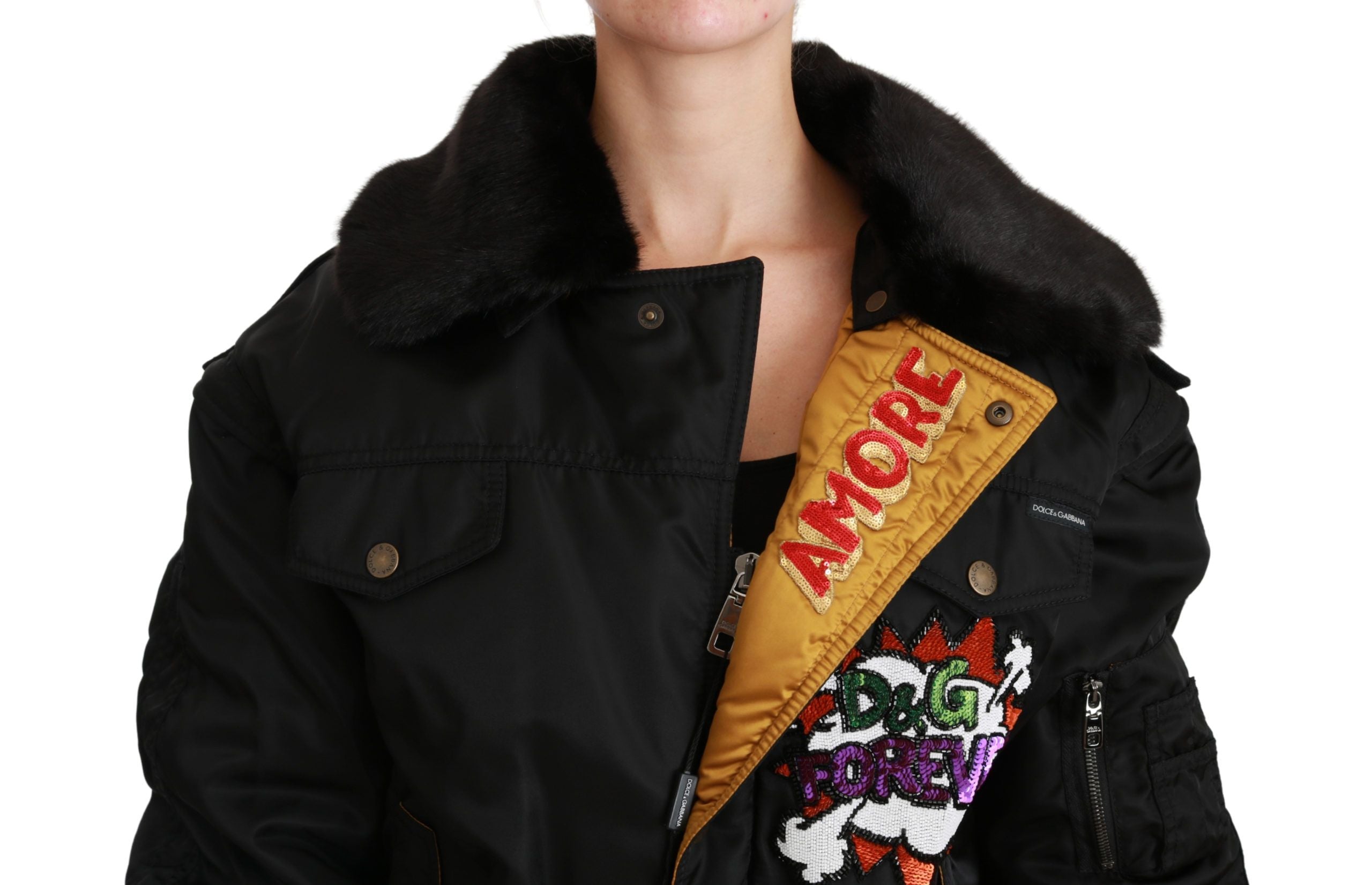 Dolce & Gabbana Black Queen Crown Sequin Bomber Jacket