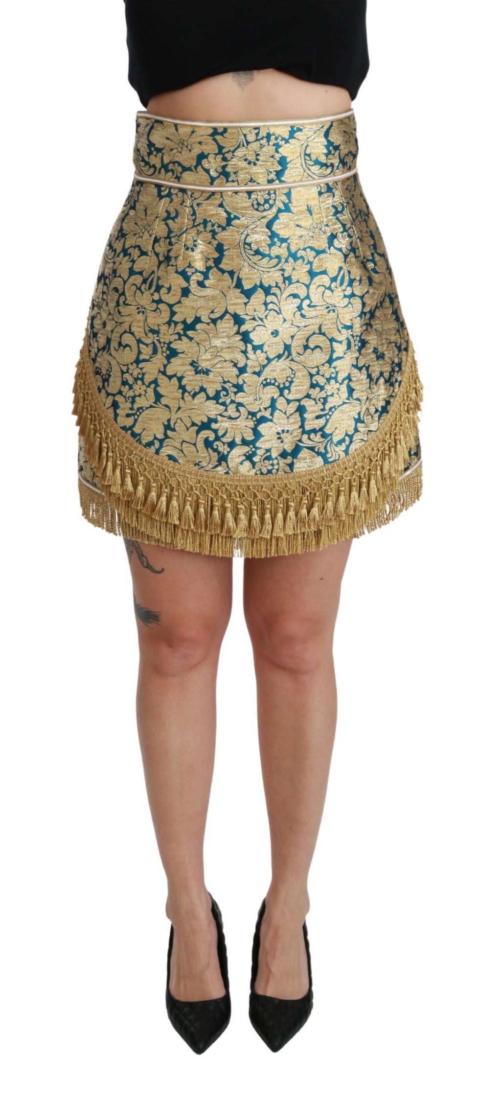 Dolce & Gabbana Blue High Waisted Jacquard Skirt with Gold Tassel
