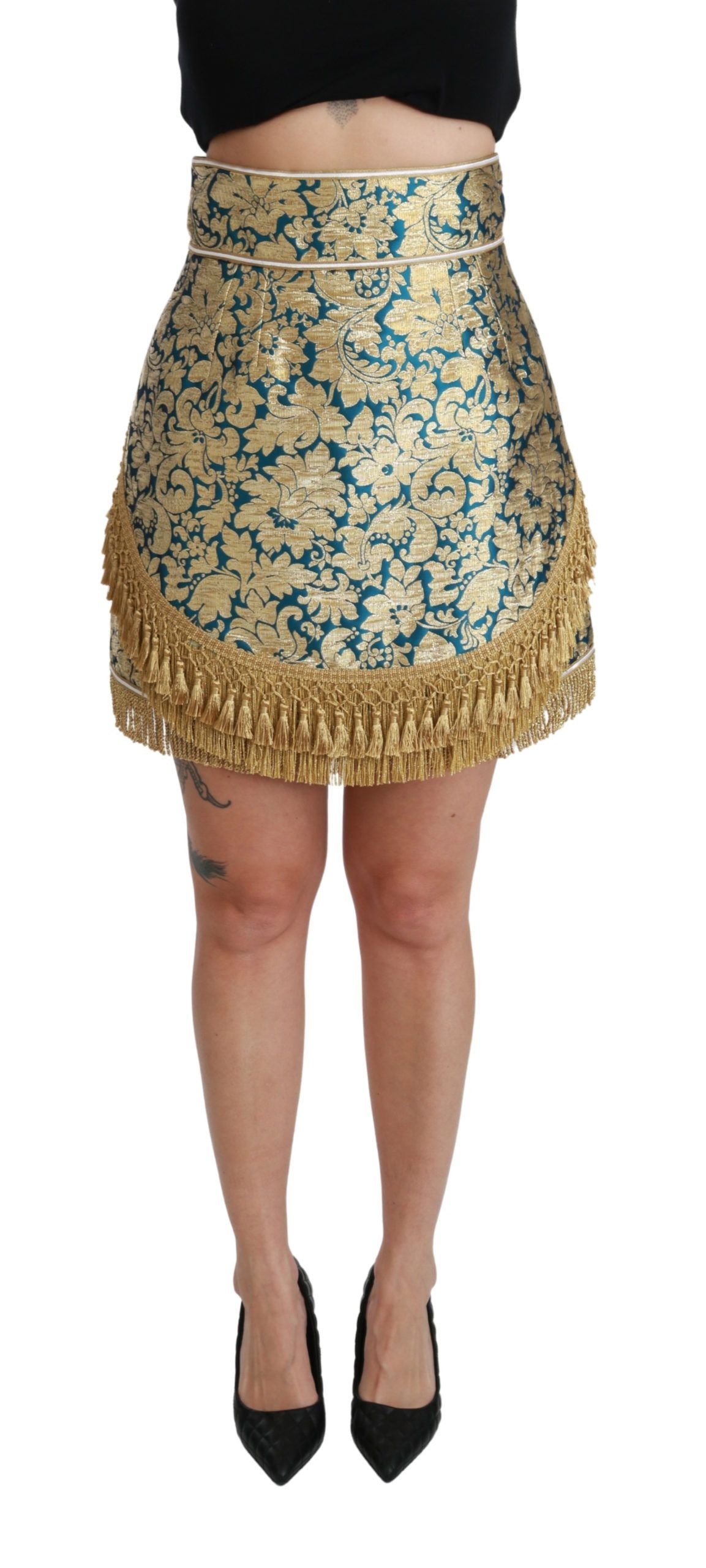 Dolce & Gabbana Blue High Waisted Jacquard Skirt with Gold Tassel