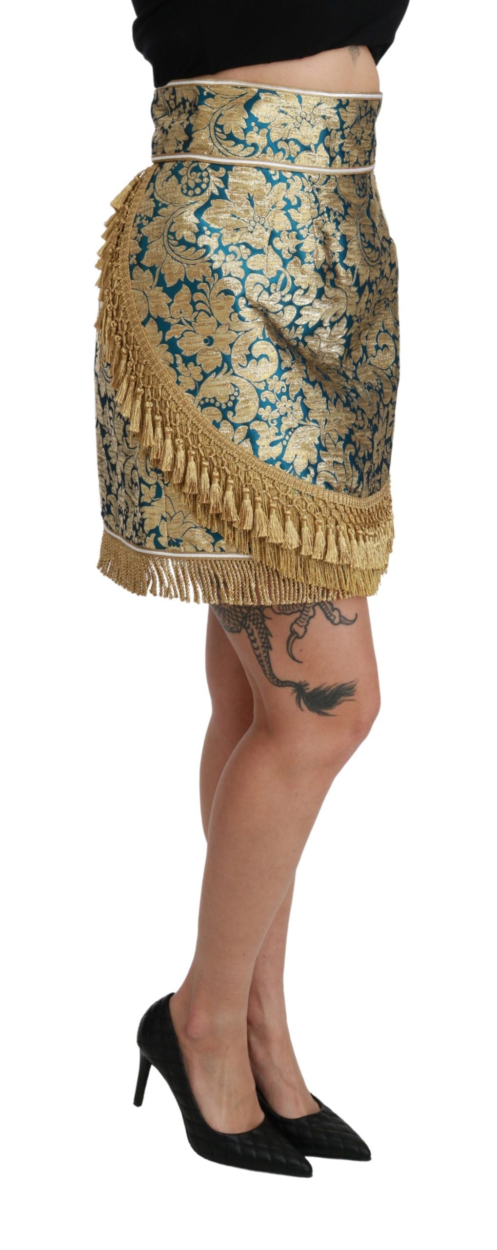 Dolce & Gabbana Blue High Waisted Jacquard Skirt with Gold Tassel