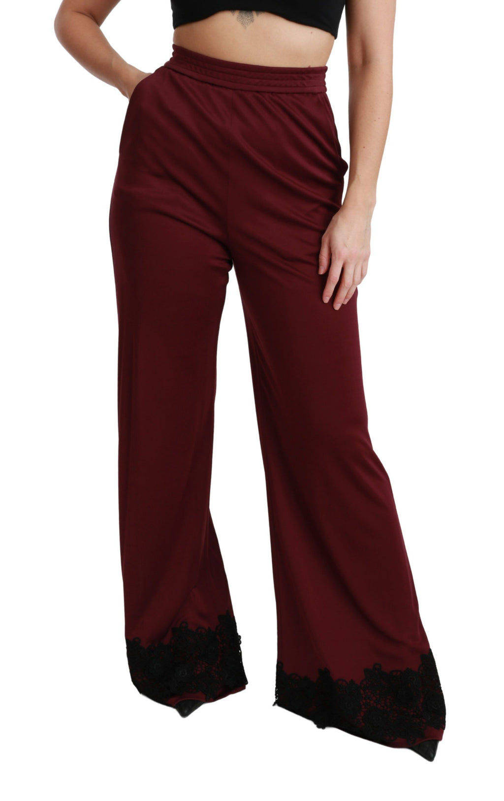 Dolce & Gabbana Maroon High Waisted Wide Leg Lace Trousers