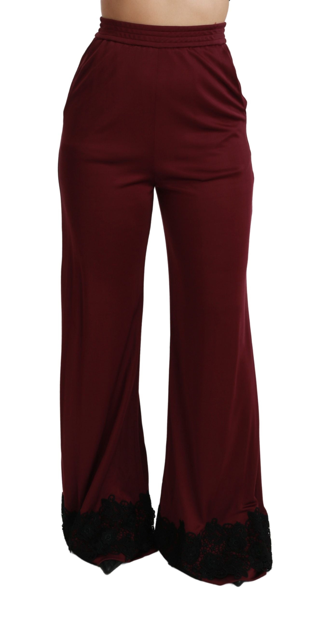 Dolce & Gabbana Maroon High Waisted Wide Leg Lace Trousers