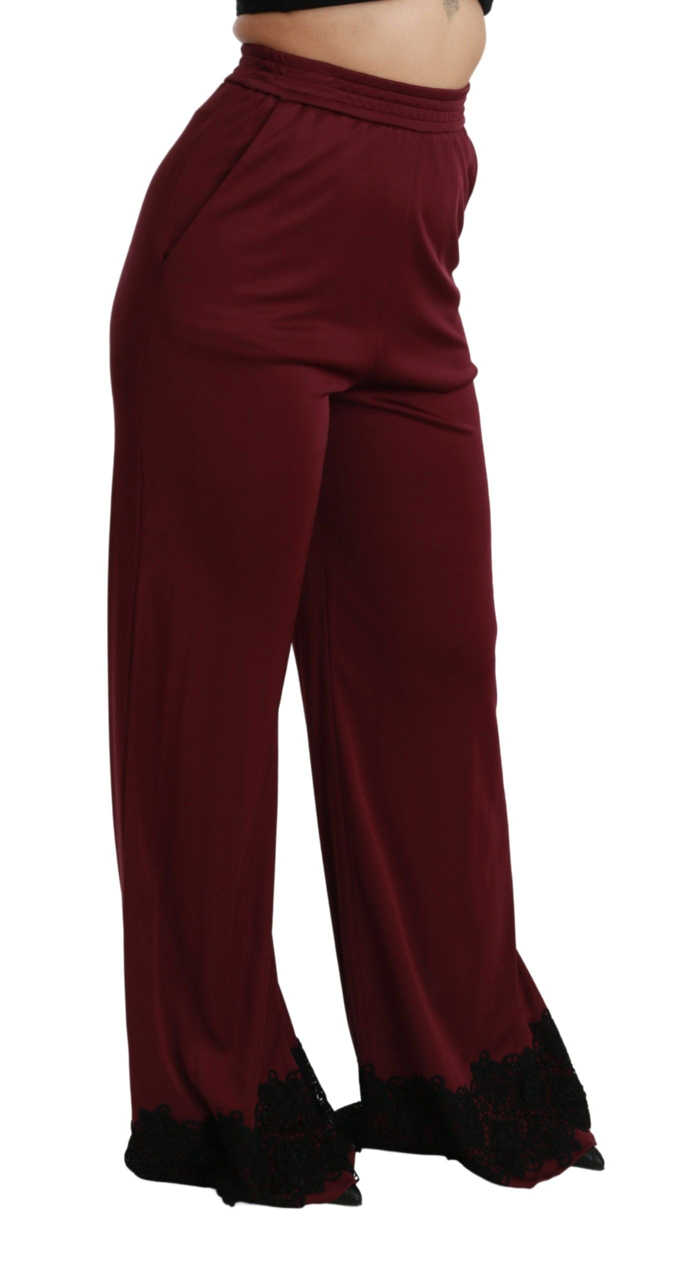 Dolce & Gabbana Maroon High Waisted Wide Leg Lace Trousers