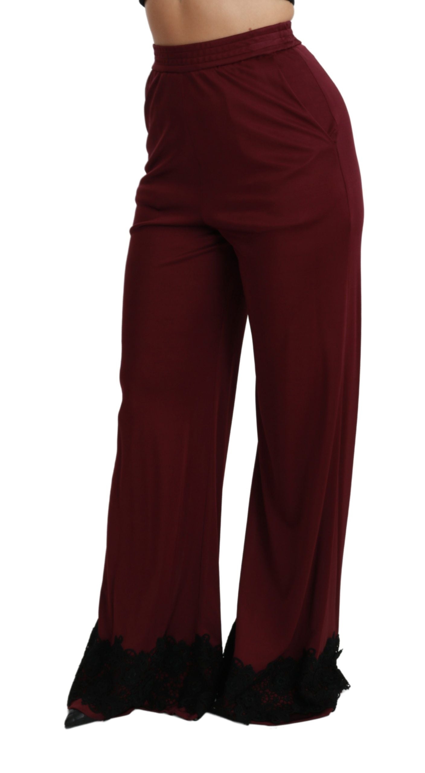 Dolce & Gabbana Maroon High Waisted Wide Leg Lace Trousers