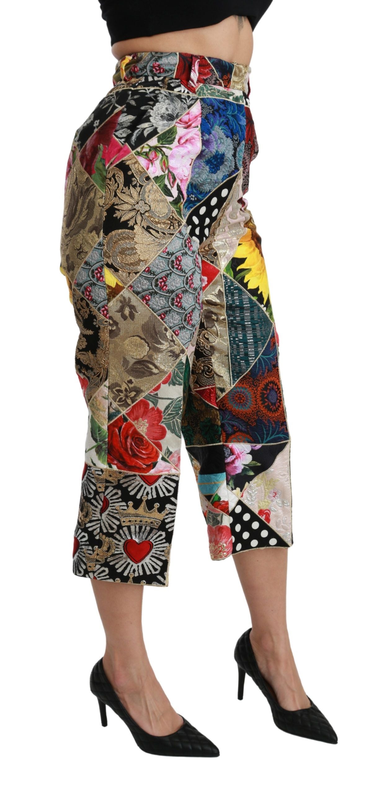 Dolce & Gabbana Mehrfarbig bedruckte Seidenhose mit hoher Taille und verkürzter Hose
