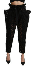 Dolce & Gabbana Schwarze, florale, spitz zulaufende Hose mit hoher Taille