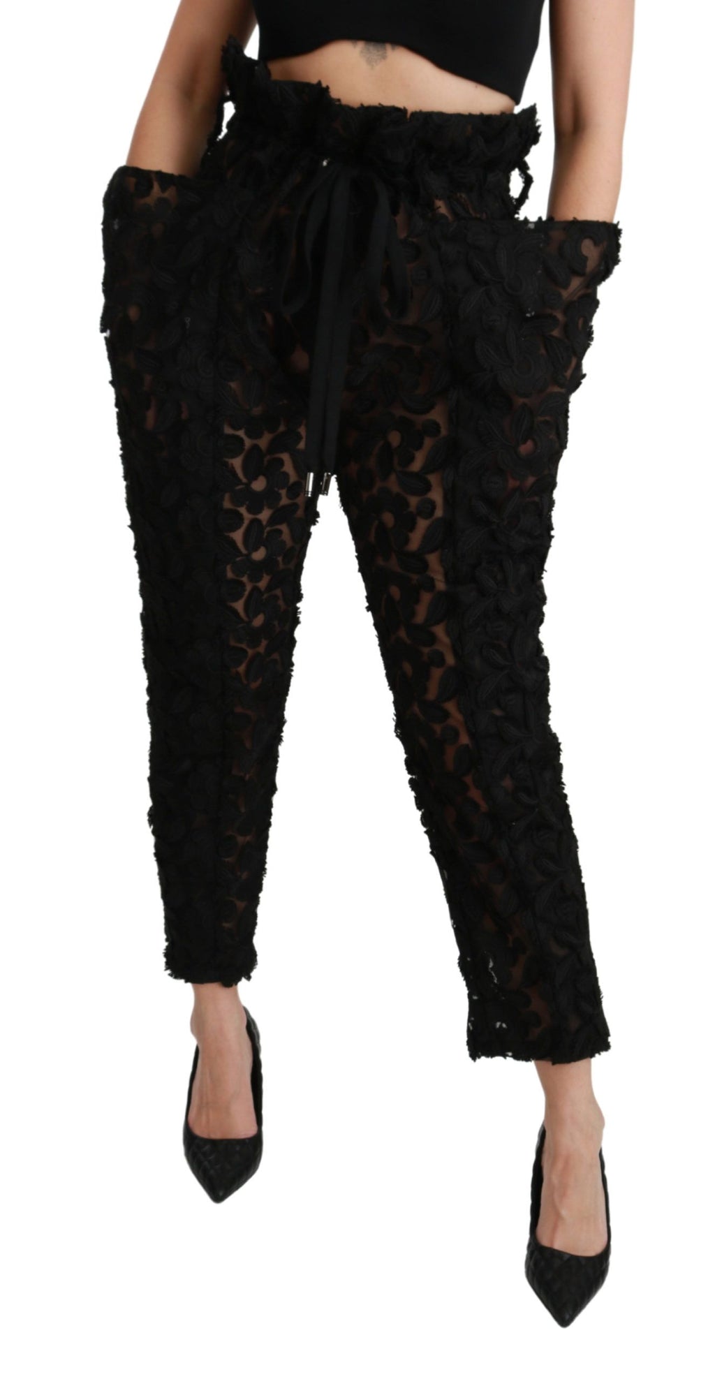 Dolce & Gabbana Schwarze, florale, spitz zulaufende Hose mit hoher Taille