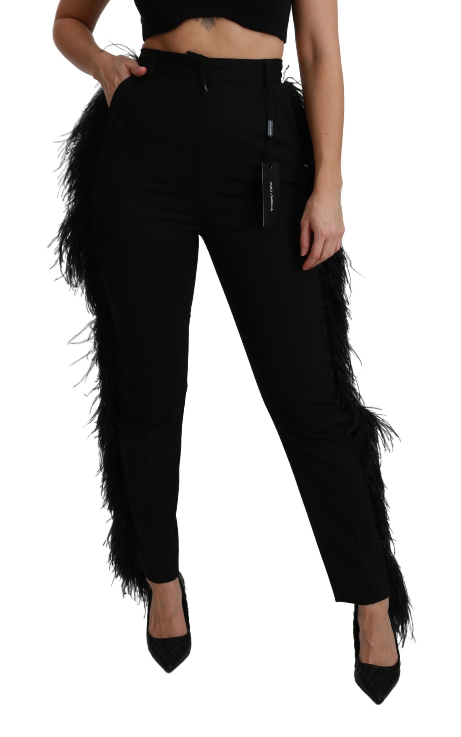 Dolce & Gabbana Black High-Waisted Wool Feather Trousers