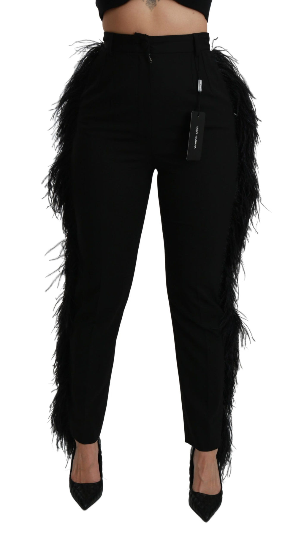 Dolce & Gabbana Black High-Waisted Wool Feather Trousers