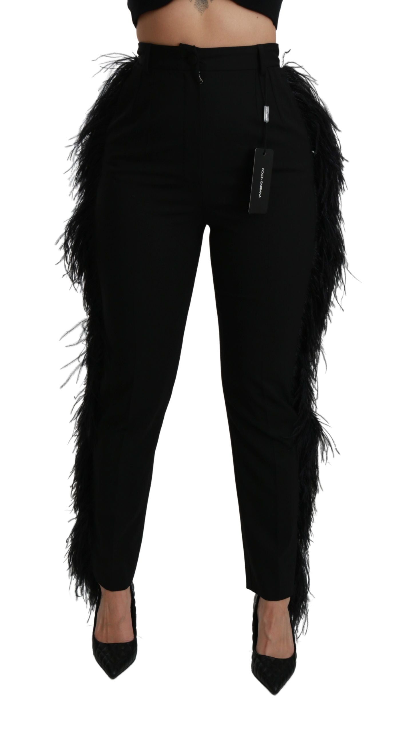 Dolce & Gabbana Black High-Waisted Wool Feather Trousers