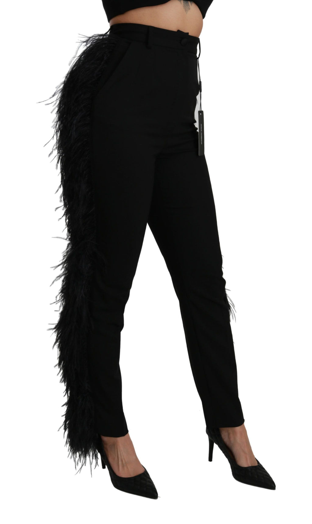 Dolce & Gabbana Black High-Waisted Wool Feather Trousers