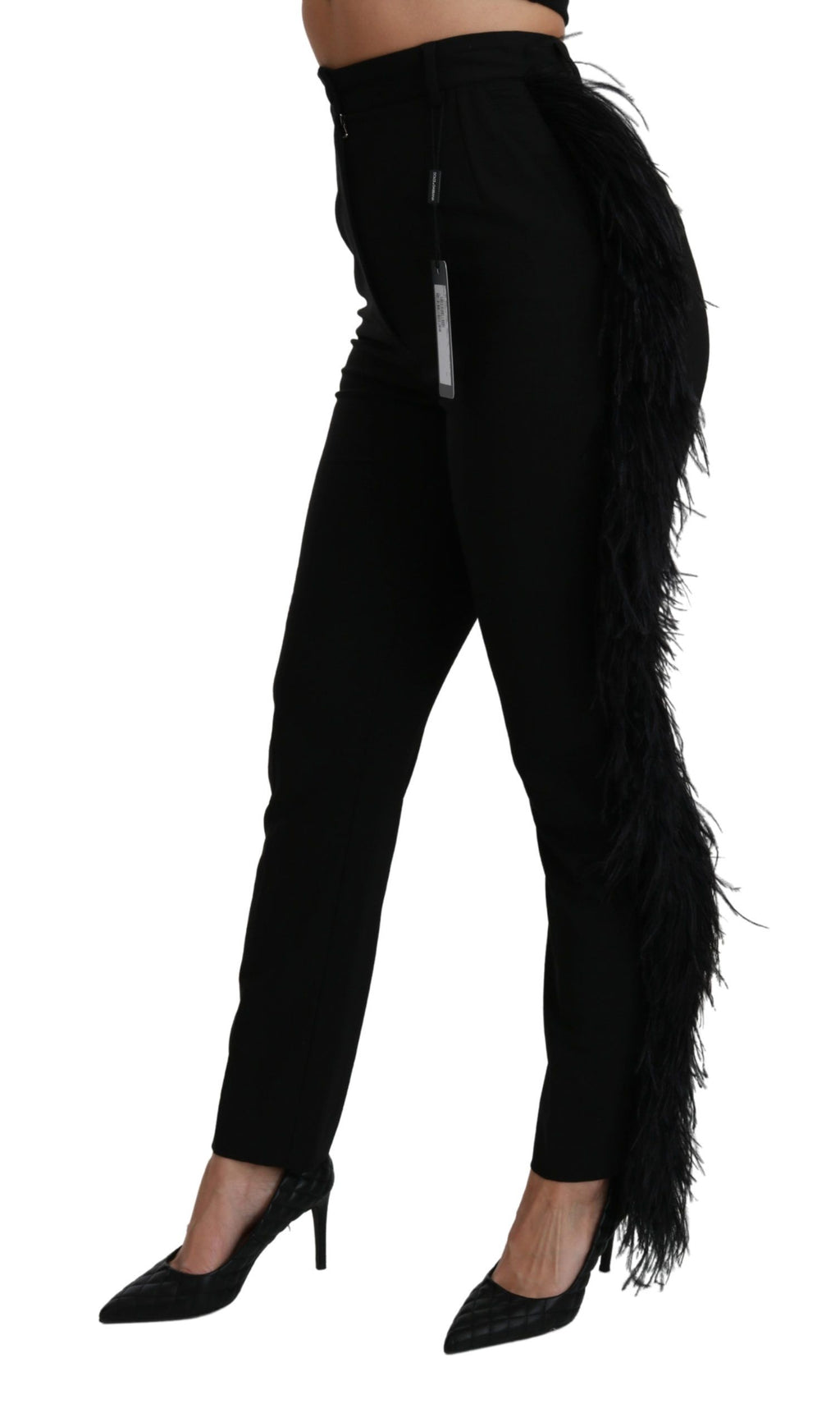 Dolce & Gabbana Black High-Waisted Wool Feather Trousers