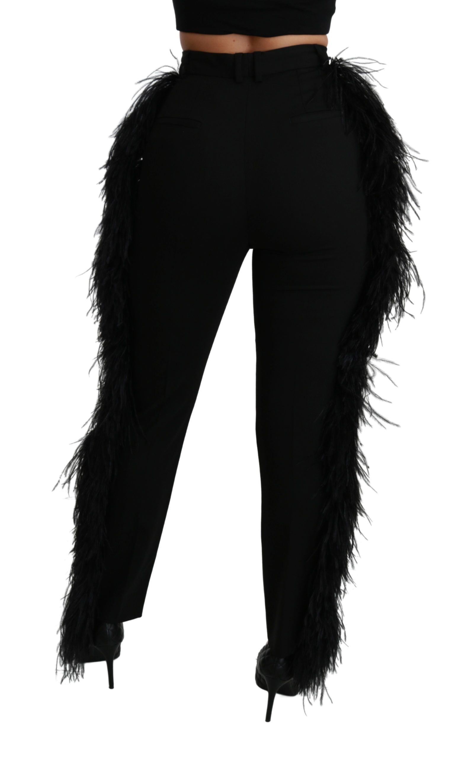 Dolce & Gabbana Black High-Waisted Wool Feather Trousers