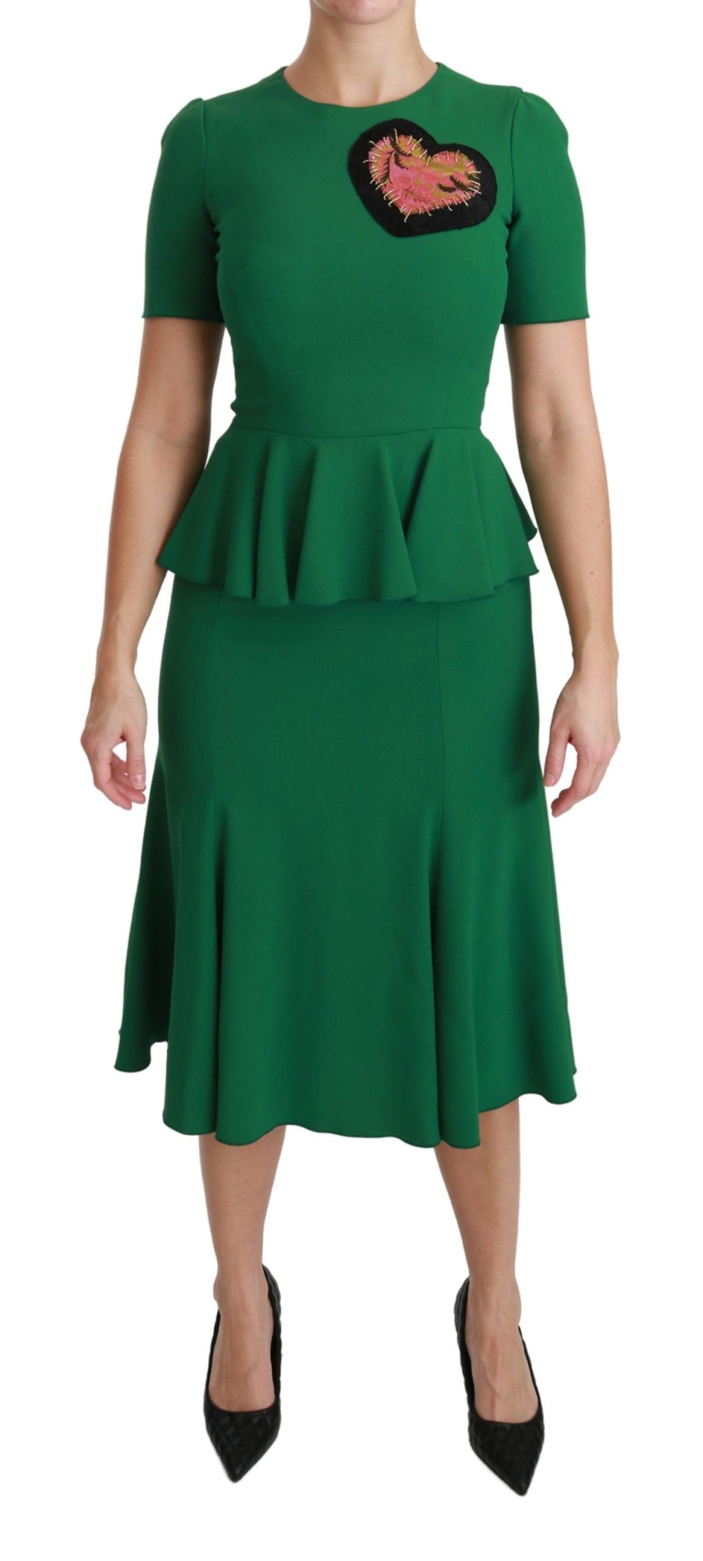 Dolce & Gabbana Green Heart Patch Viscose Mermaid Midi Dress