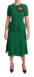 Dolce & Gabbana Green Heart Patch Viscose Mermaid Midi Dress
