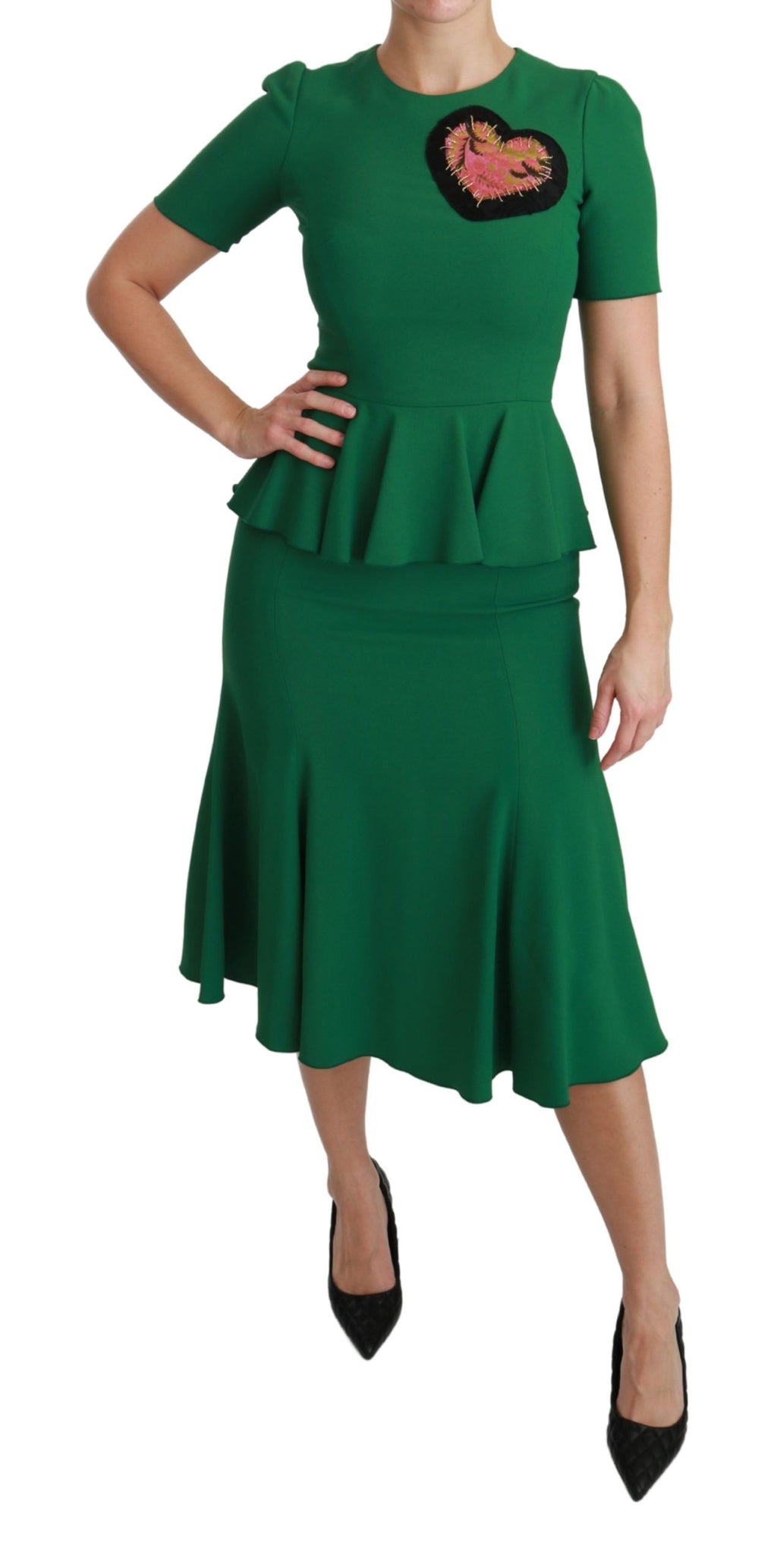 Dolce & Gabbana Green Heart Patch Viscose Mermaid Midi Dress