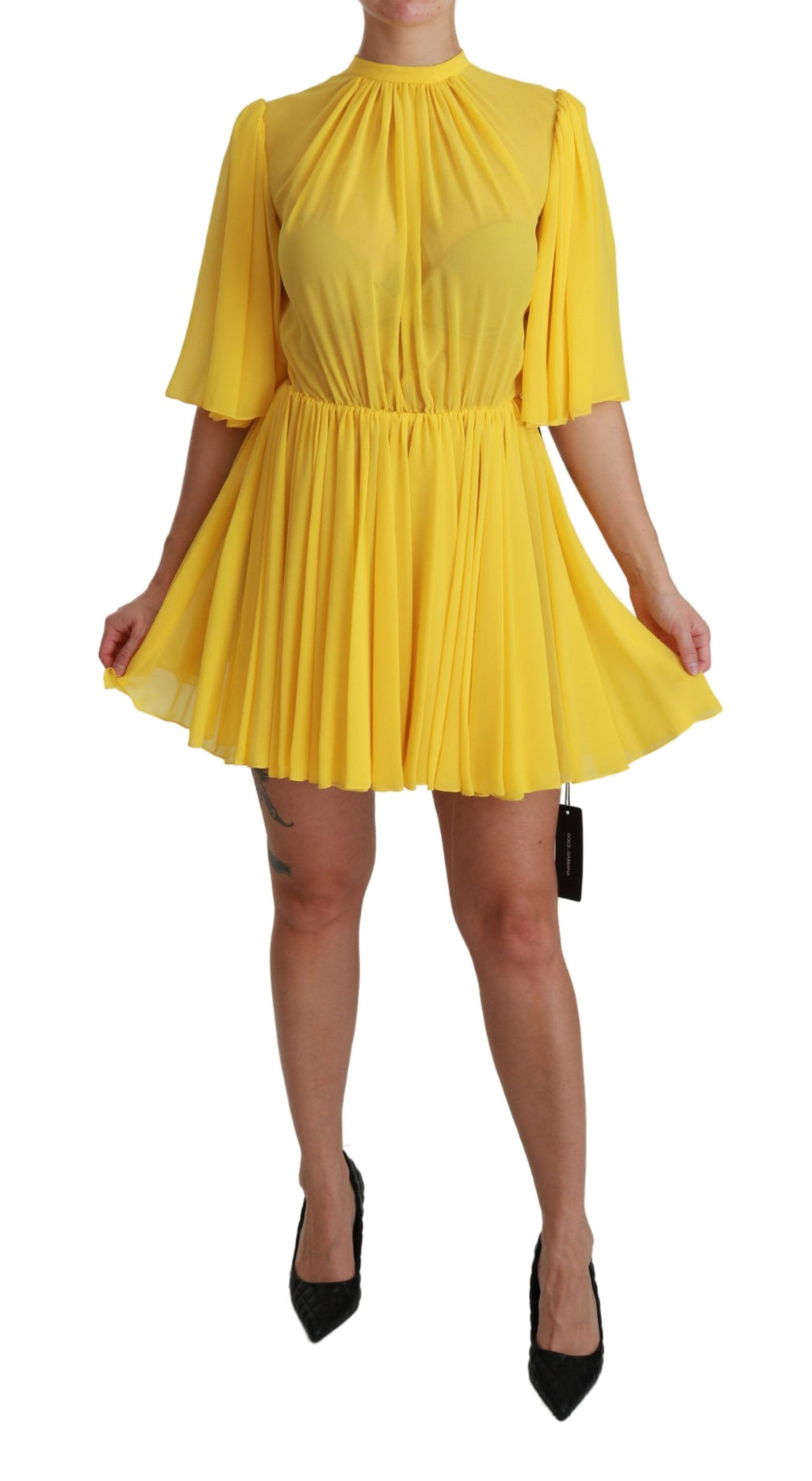 Dolce & Gabbana Yellow A-Line Pleated Mini Dress in 100% Silk
