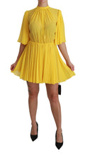 Dolce & Gabbana Yellow A-Line Pleated Mini Dress in 100% Silk