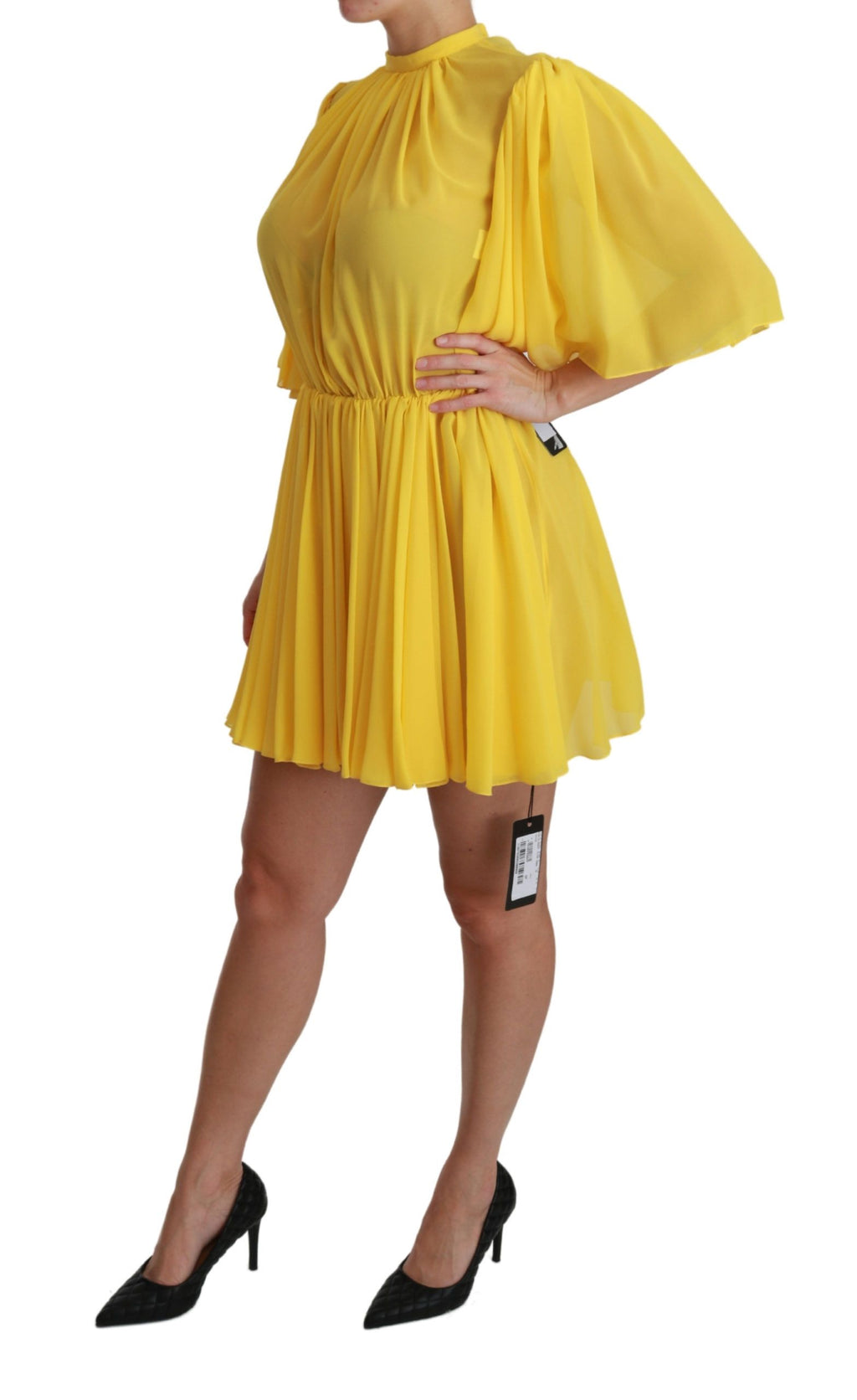 Dolce & Gabbana Yellow A-Line Pleated Mini Dress in 100% Silk