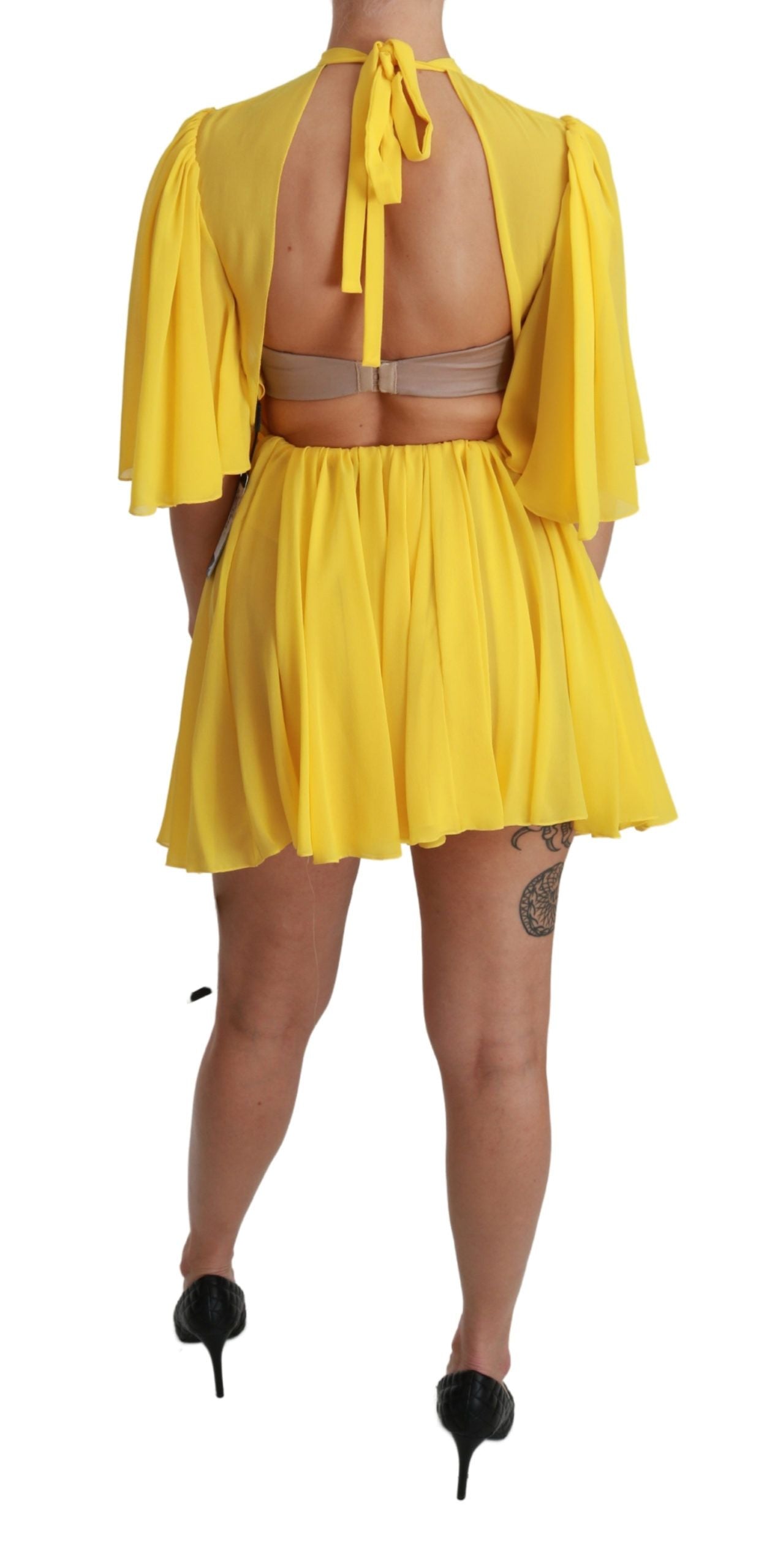 Dolce & Gabbana Yellow A-Line Pleated Mini Dress in 100% Silk