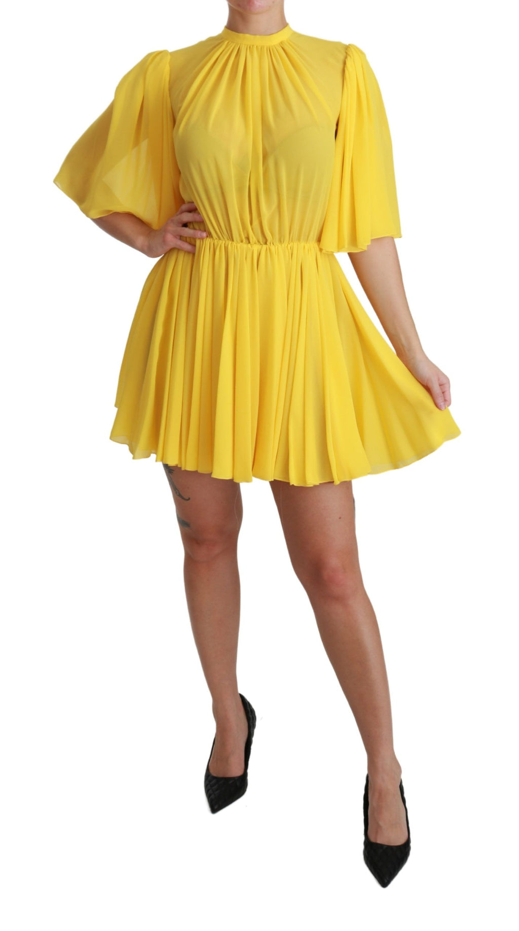 Dolce & Gabbana Yellow A-Line Pleated Mini Dress in 100% Silk