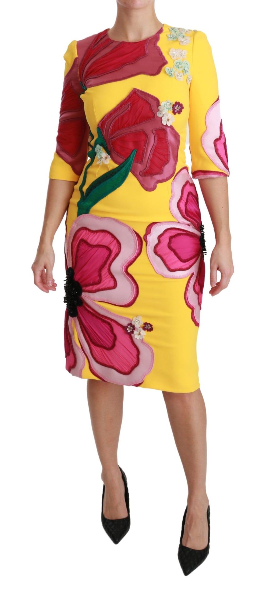 Dolce & Gabbana Gelbes geblümtes Crystal Bodycon Etuikleid