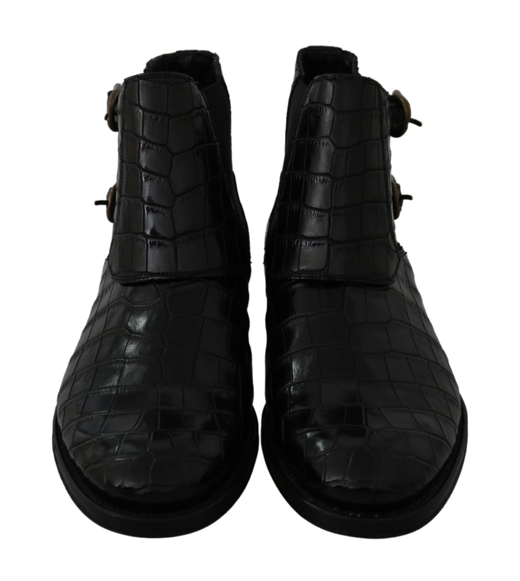 Dolce & Gabbana Schwarzes Krokodilleder Derby Stiefel Schuhe