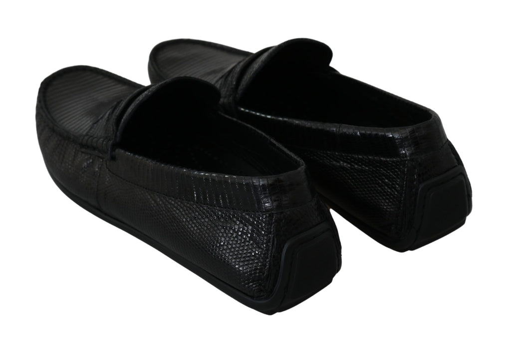 Dolce & Gabbana Schwarzes Eidechsenleder Flache Loafers Schuhe