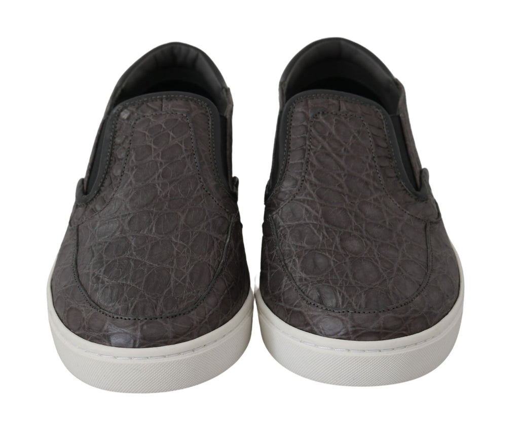 Dolce & Gabbana Graues Leder Flache Kaiman Herren Loafers Schuhe