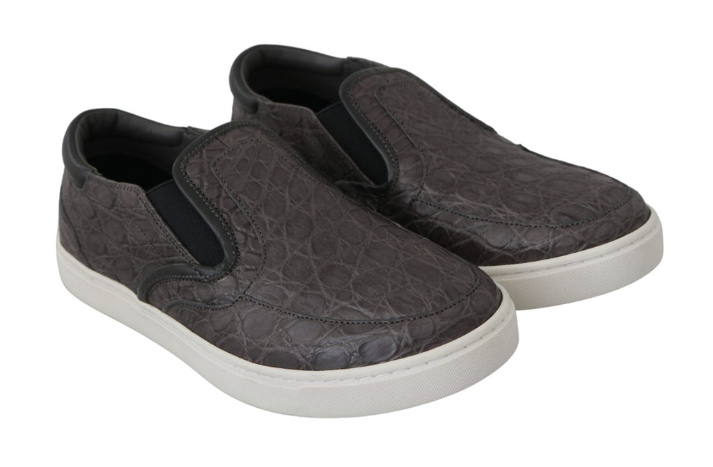 Dolce & Gabbana Graues Leder Flache Kaiman Herren Loafers Schuhe
