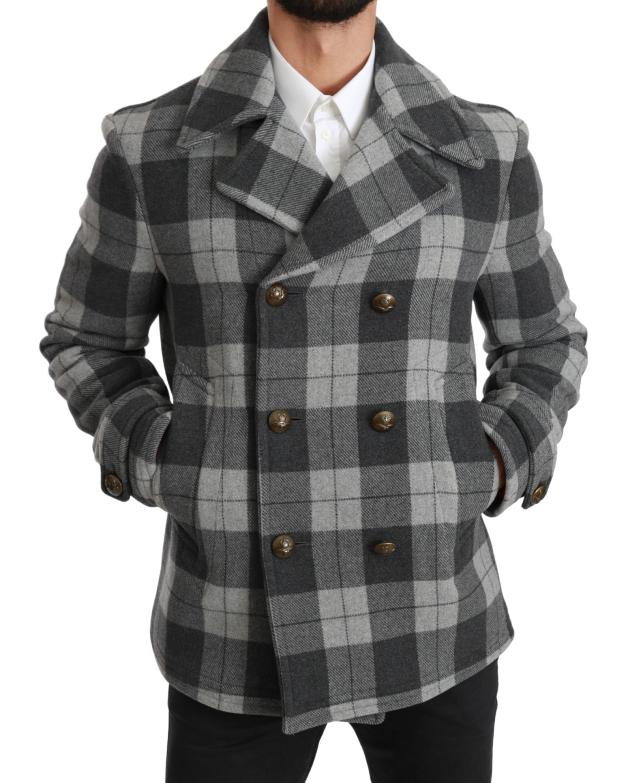 Dolce & Gabbana Grey Plaid Wool Cashmere Coat Jacket
