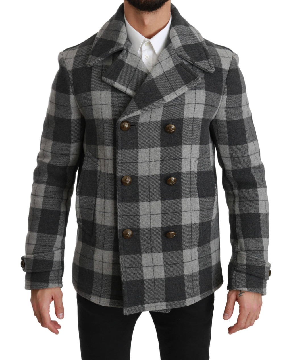 Dolce & Gabbana Grey Plaid Wool Cashmere Coat Jacket