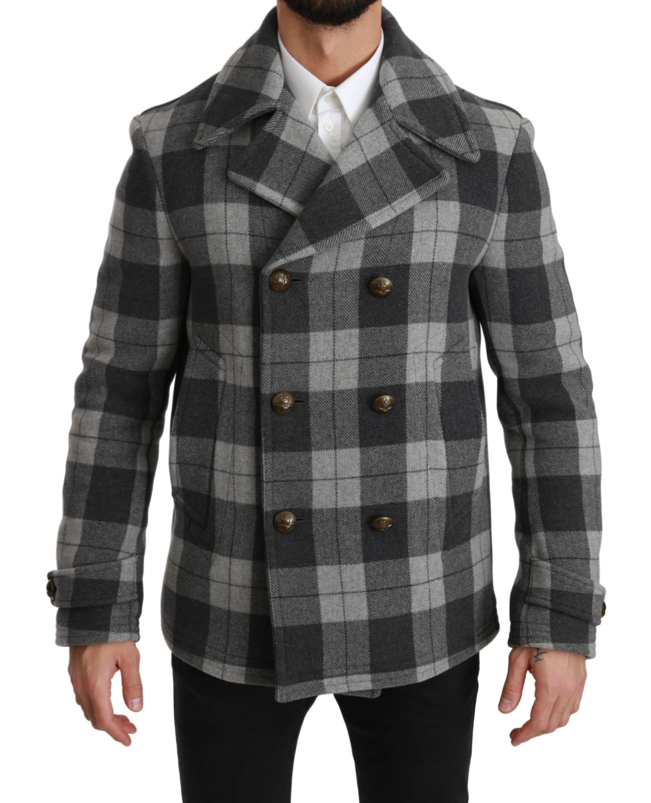 Dolce & Gabbana Grey Plaid Wool Cashmere Coat Jacket