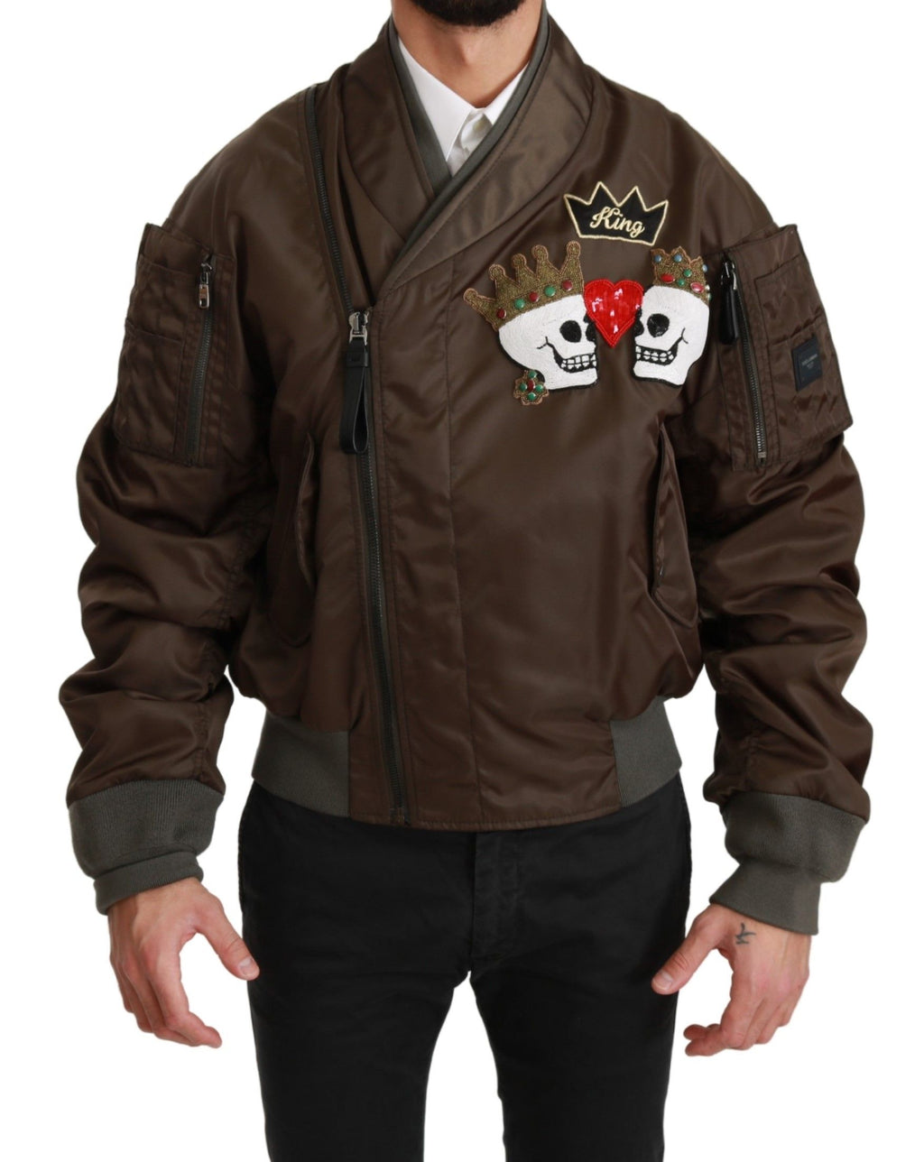 Dolce & Gabbana Braune Perlenkrone Totenkopf Logo Jacke