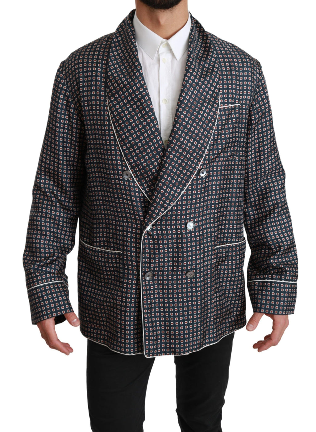 Dolce & Gabbana Navy Blue Patterned Double-Breasted Coat Jacket