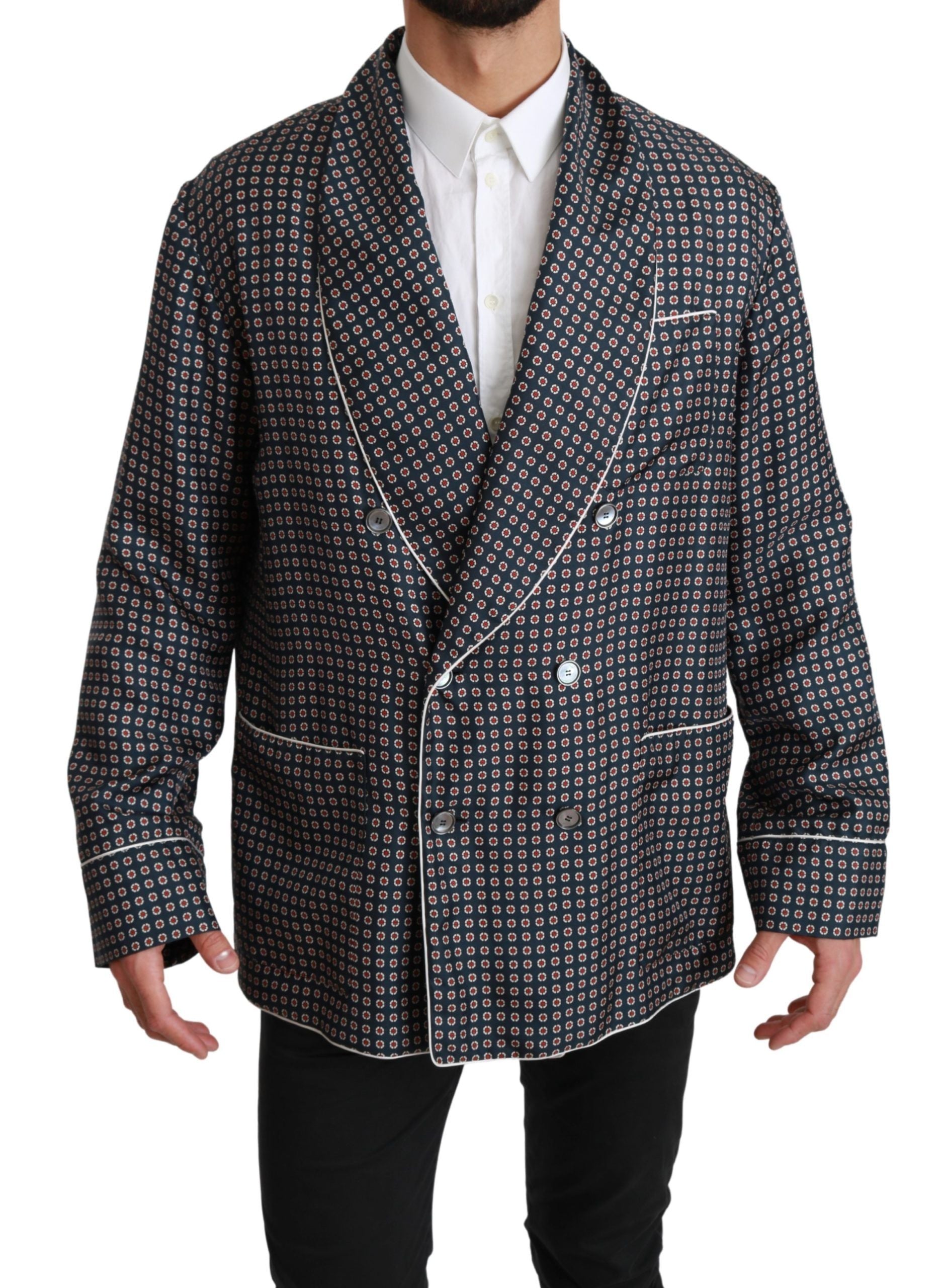 Dolce & Gabbana Navy Blue Patterned Double-Breasted Coat Jacket